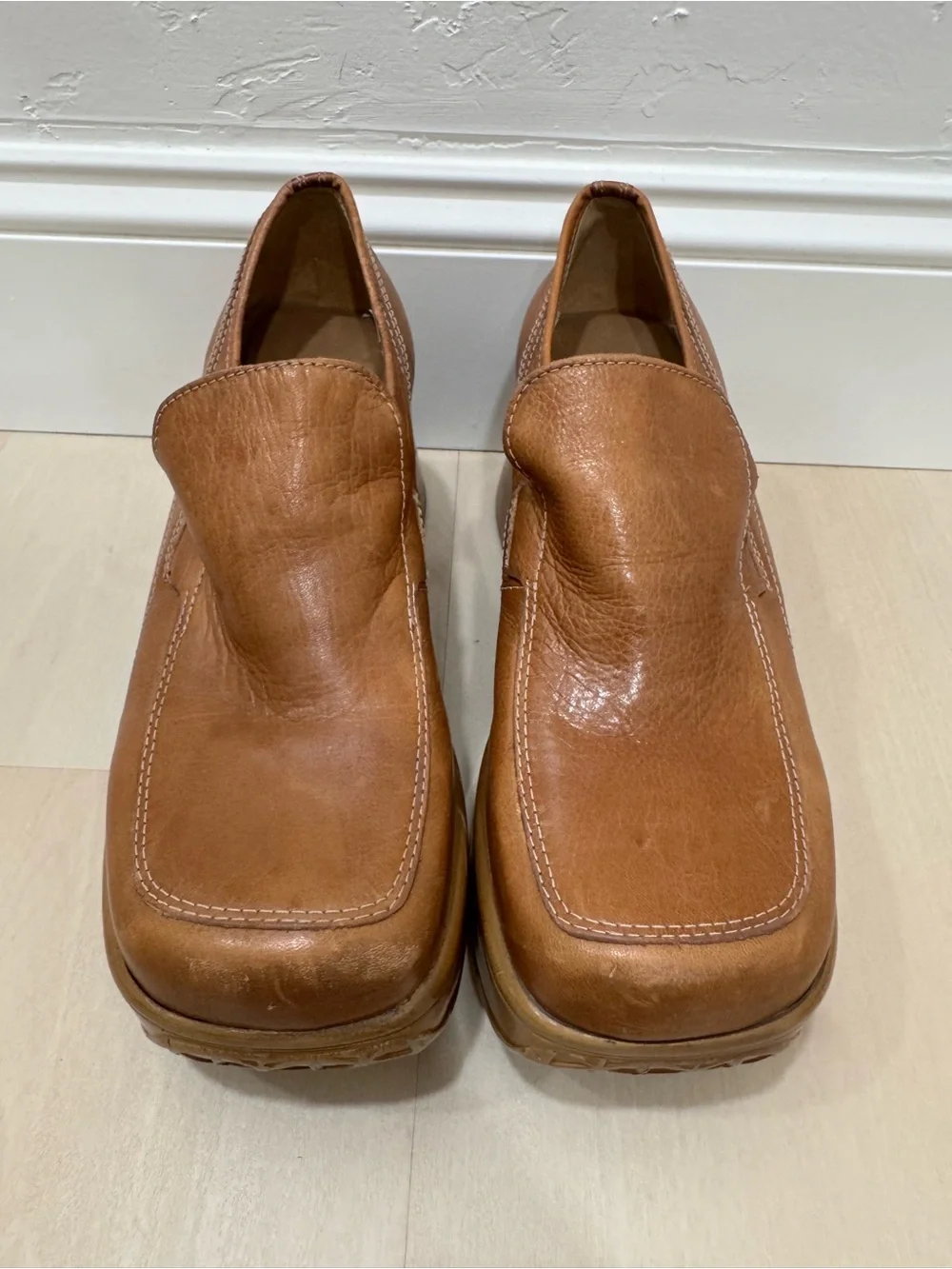 VTG Steve Madden Ink Y2K Tan Leather Chunky Platform Wedge Loafers 10 Vintage